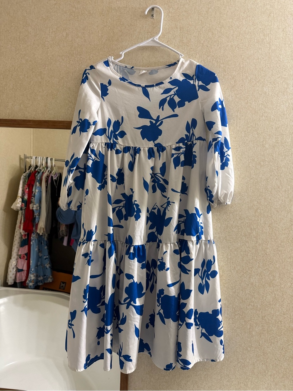 SHEIN White Dress with Blue Leaf Print